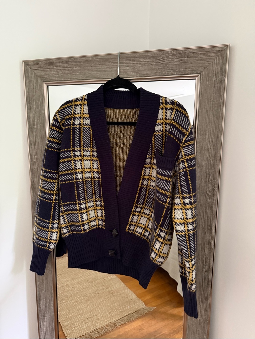 Saint Laurent Women’s Navy Plaid Cardigan Sweater with Yellow Accents